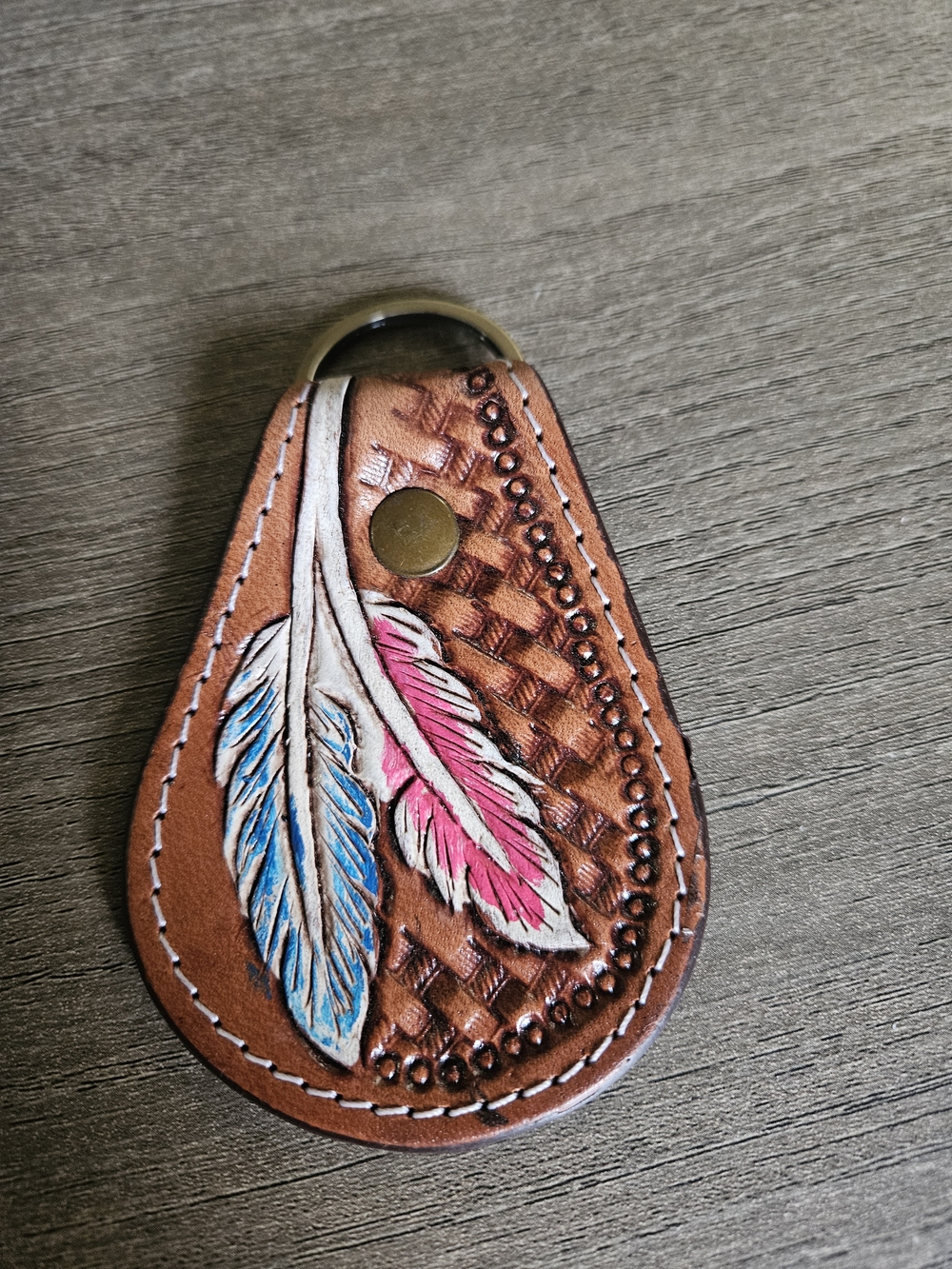 Genuine Leather Feather Keychain - Brown with Blue & Pink Accents - NWOT